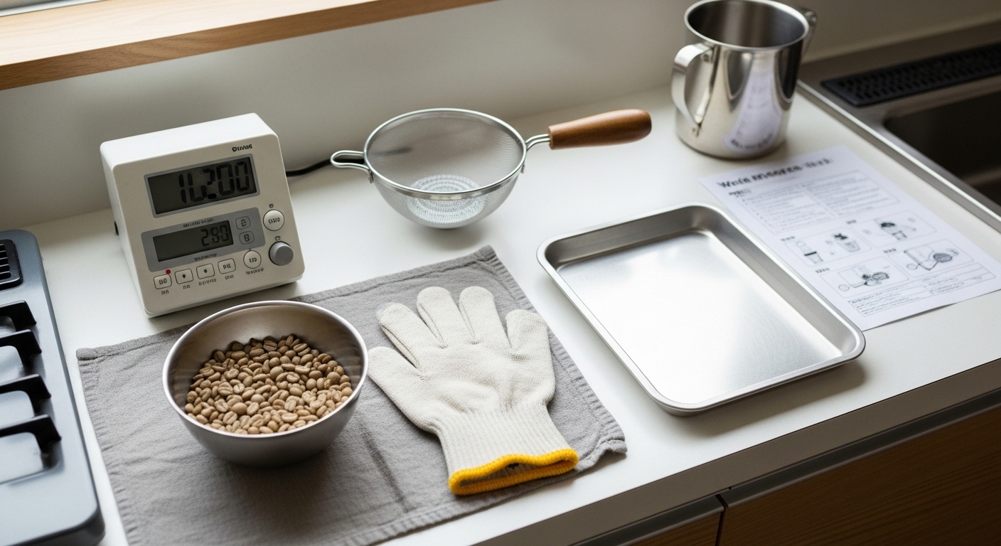 コーヒー生豆の個人輸入をテーマに、麻袋に入った生豆と輸送書類が並ぶ落ち着いたイメージ