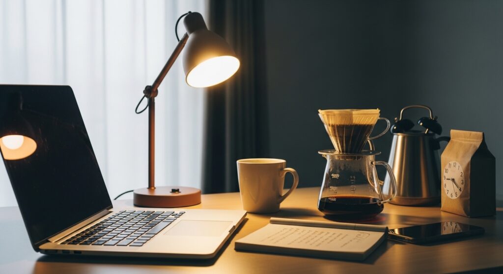 コーヒーDIYを楽しみながら自作器具の使い勝手や盲点を確認している自宅時間のイメージ