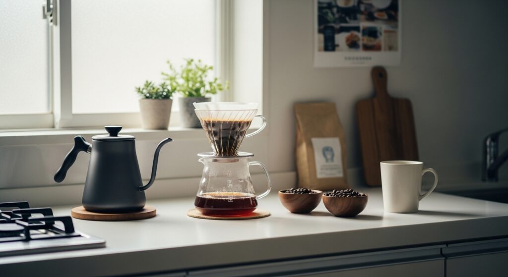 エペイオス ケトルのデメリットや注意点を確認しながらコーヒー器具と一緒に比較検討する様子