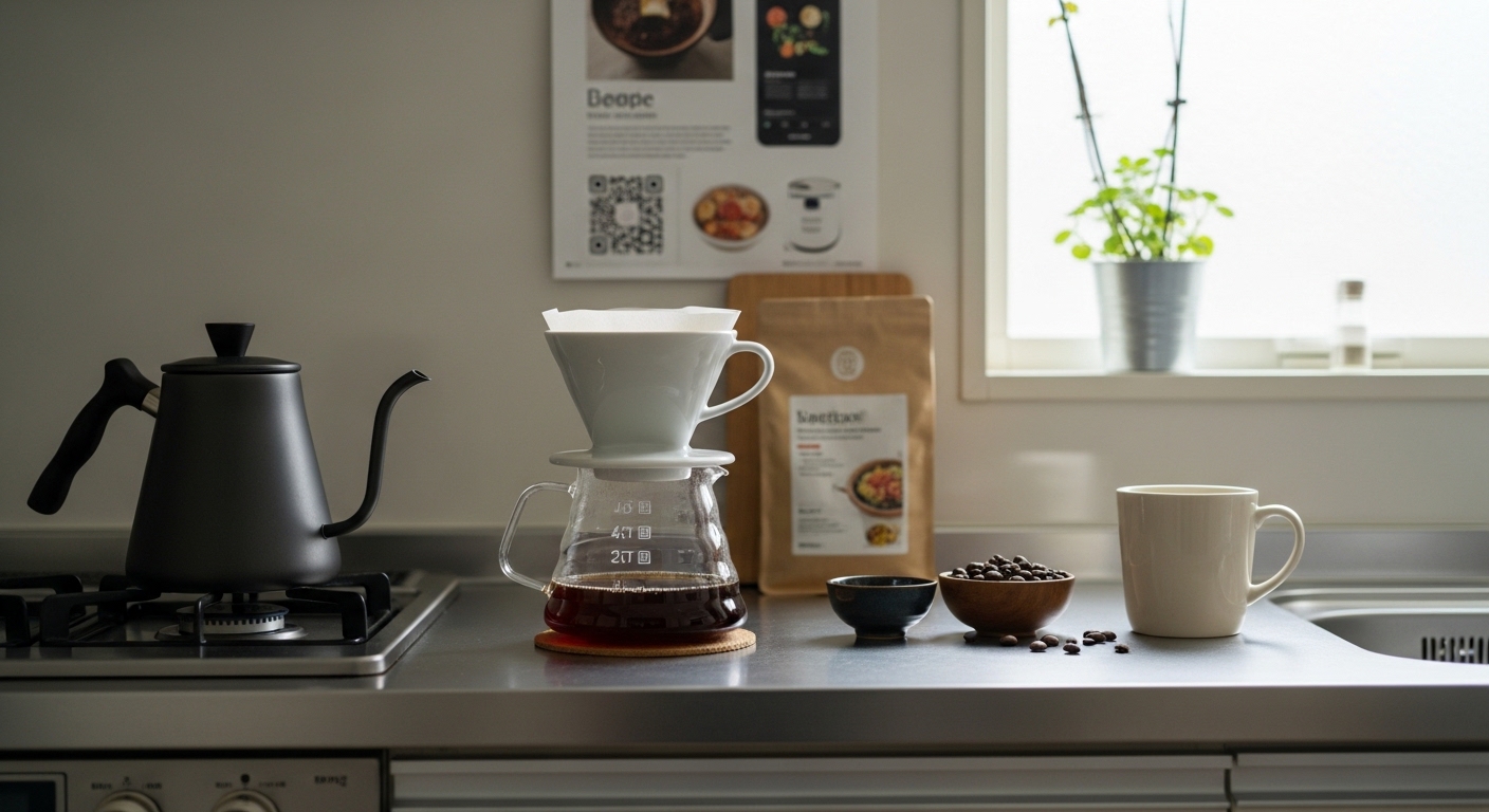 コーヒー用茶こしやドリッパー、コーヒー豆が並ぶナチュラルなカフェ風キッチンテーブルの風景