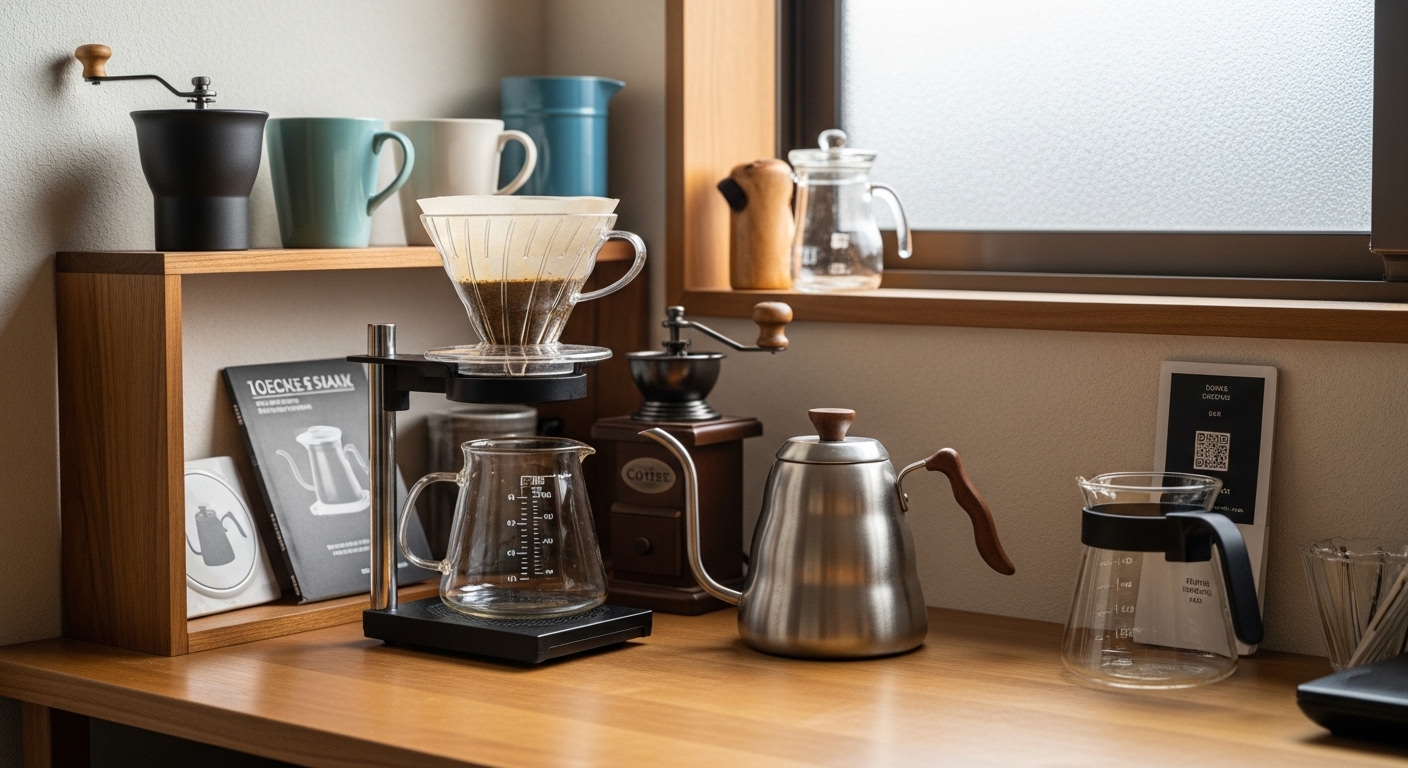 セリアのコーヒー用品や代替コーヒーミル、コーヒー豆が並ぶナチュラルなカフェ風テーブルコーディネート
