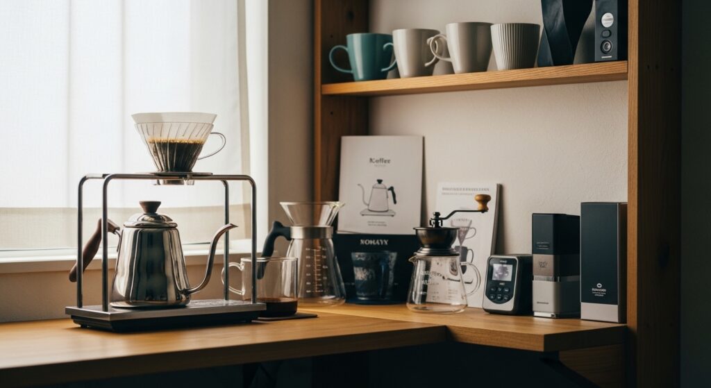 コーヒー ガムシロップ おすすめ|選び方で味が意外と変わる 9 コーヒーに合うガムシロップを比較しながら、甘さや風味の違いを楽しむカフェ風のテーブルシーン
