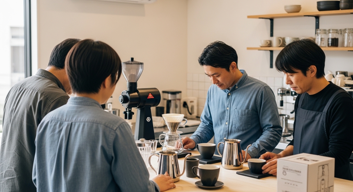 コーヒーDIYに挑戦する男性が、自作ドリッパーや木製器具を調整しながら使い勝手を試している場面