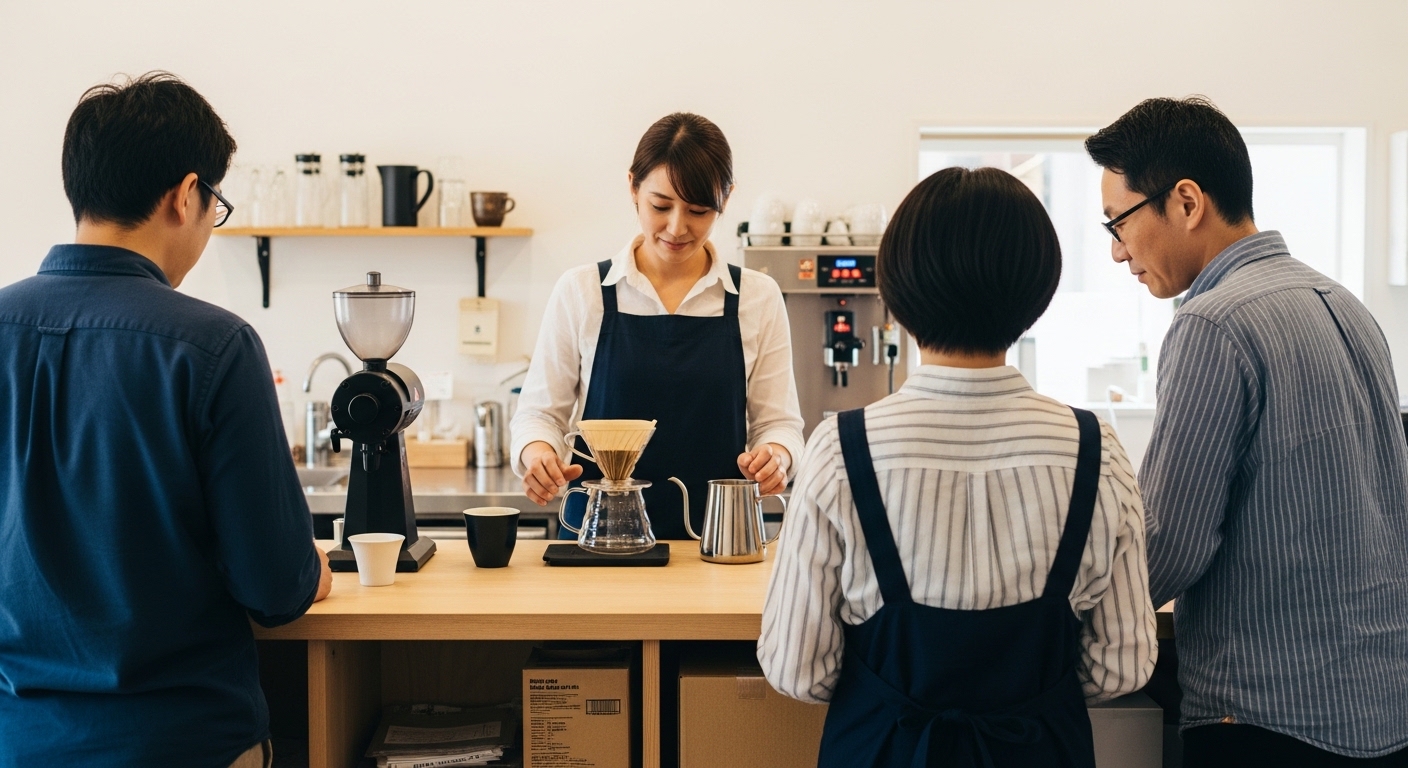 オブスキュラコーヒーの評判を調べながら、女性がカフェで香りや味わいを比較しているリラックスしたシーン