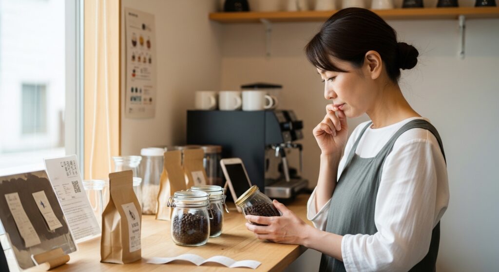 タカヒロのドリップポットを使い、細い注ぎ口から丁寧に湯を注いでコーヒーを抽出するシーン