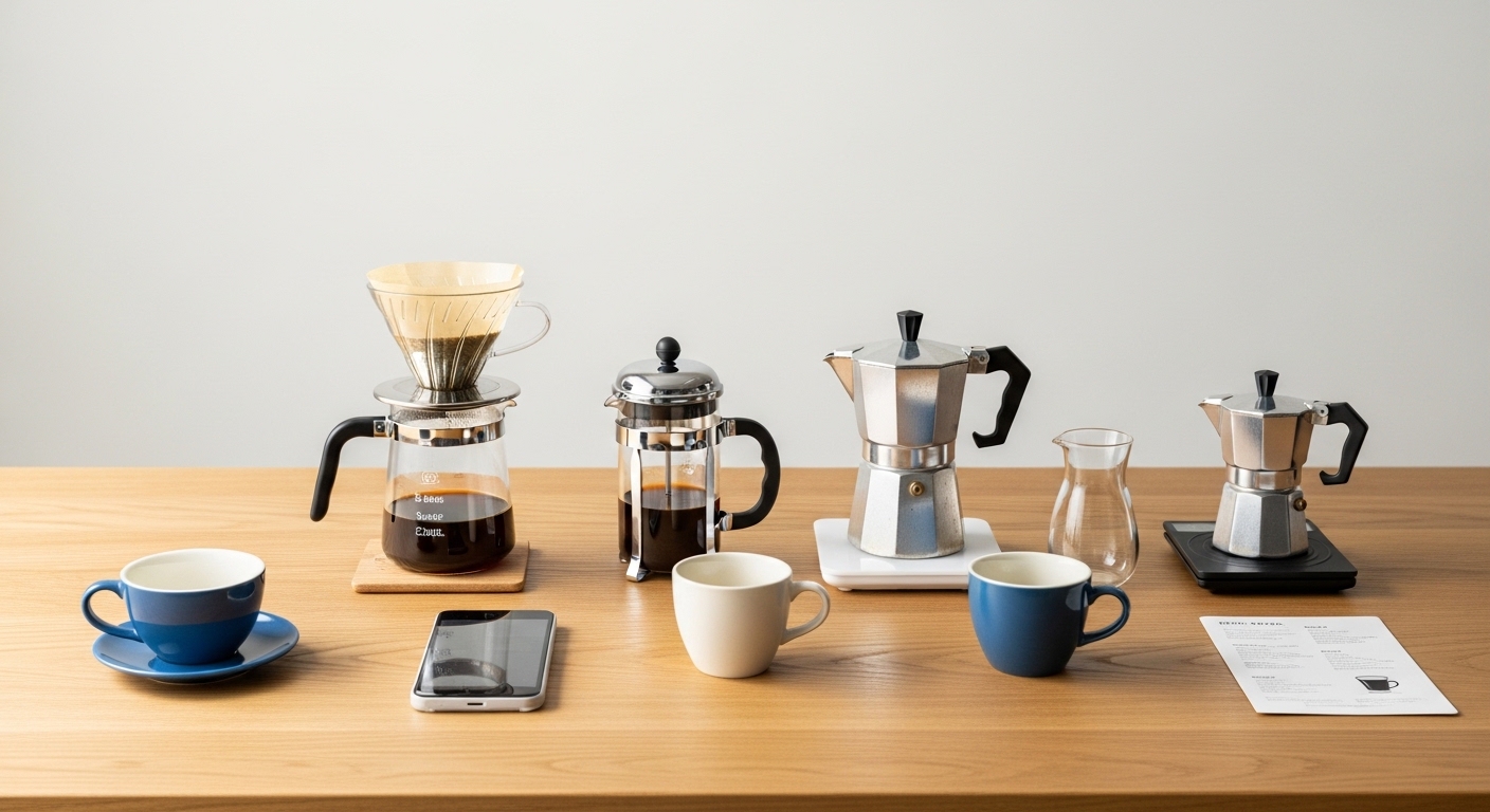 コーヒーシェイクと氷、クリームが並ぶ涼しげなカフェ風テーブルで夏らしさを感じるドリンクイメージ