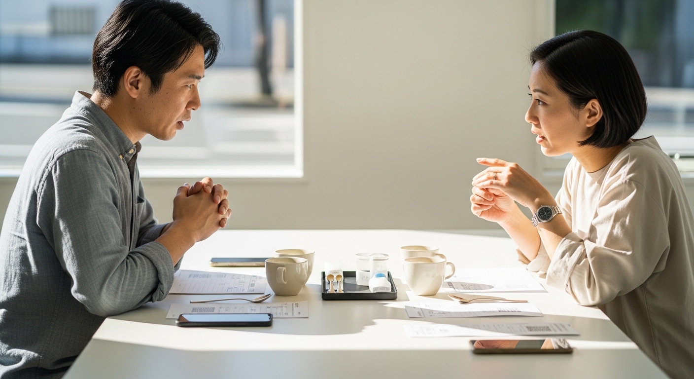 コーヒーミルカルディを探しながら、手動と電動の違いを楽しげに試す女性のナチュラルな朝時間