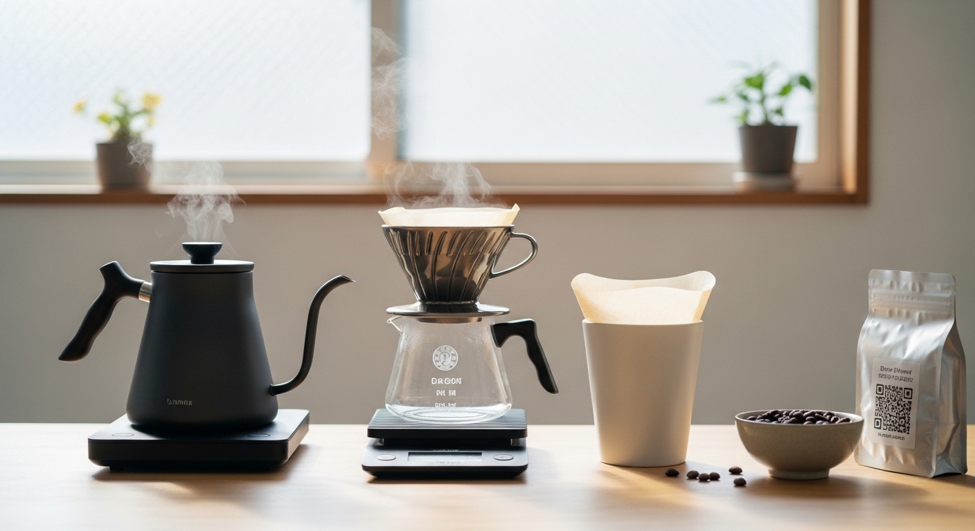 急冷式と水出しのアイスコーヒーが並ぶ木製テーブルに、焙煎豆やドリッパーが置かれた落ち着いた空間