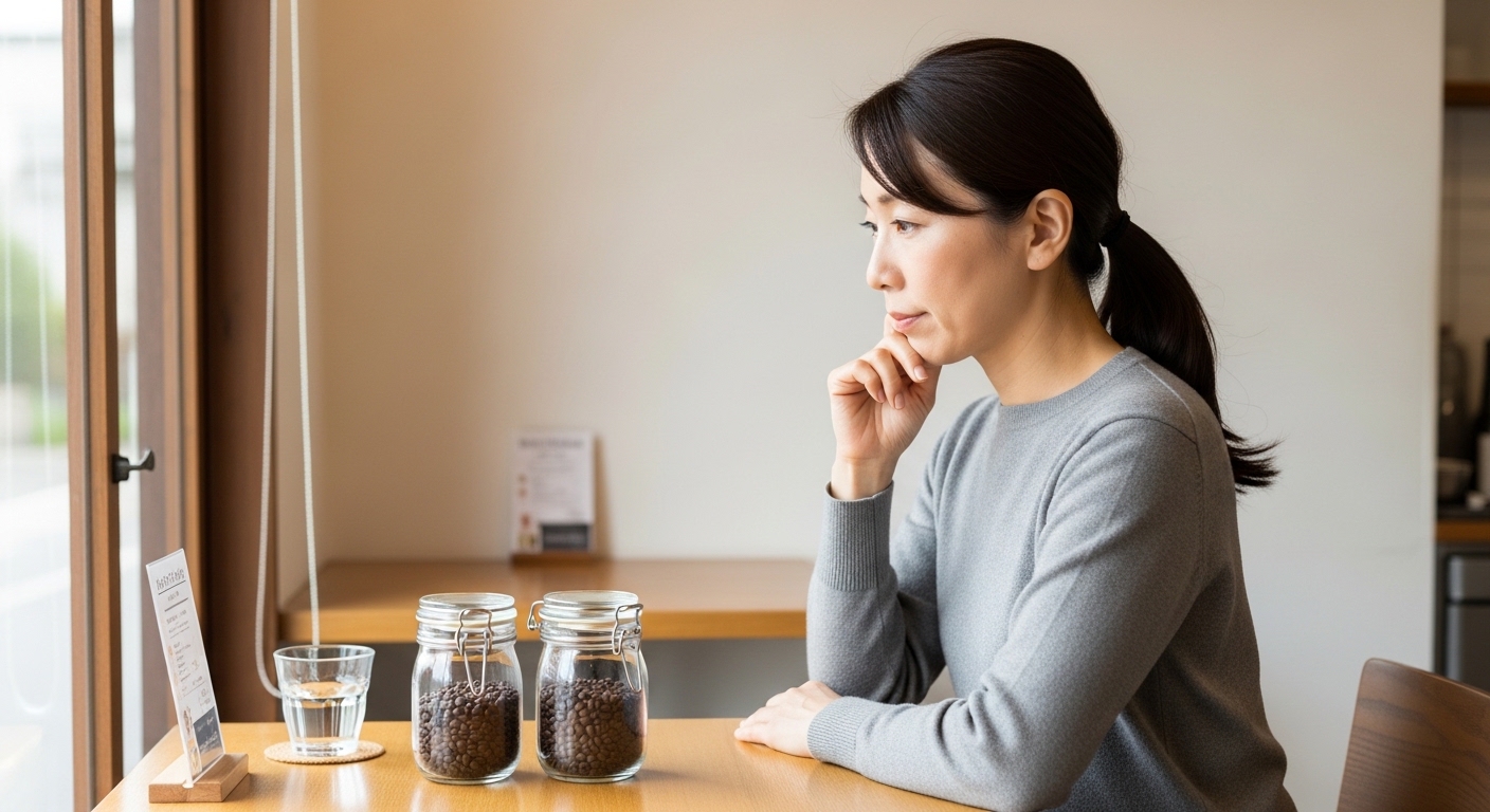 ブルックスコーヒーお試しセットを朝のリラックスタイムに楽しむ女性が、香りと味の違いを体験している様子