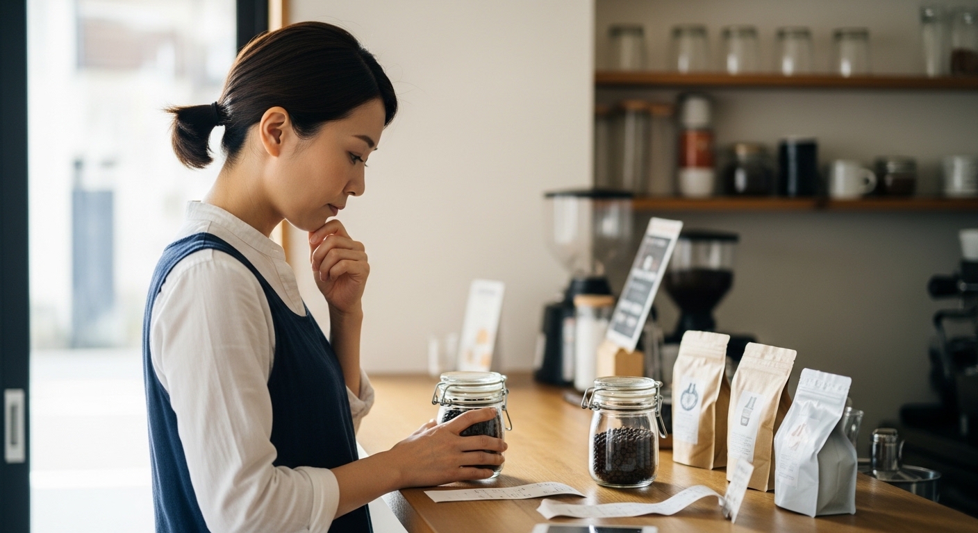 エペイオス ケトルの注意点を比較しつつ、カフェ風キッチンでコーヒーを楽しむ女性のリラックスしたシーン