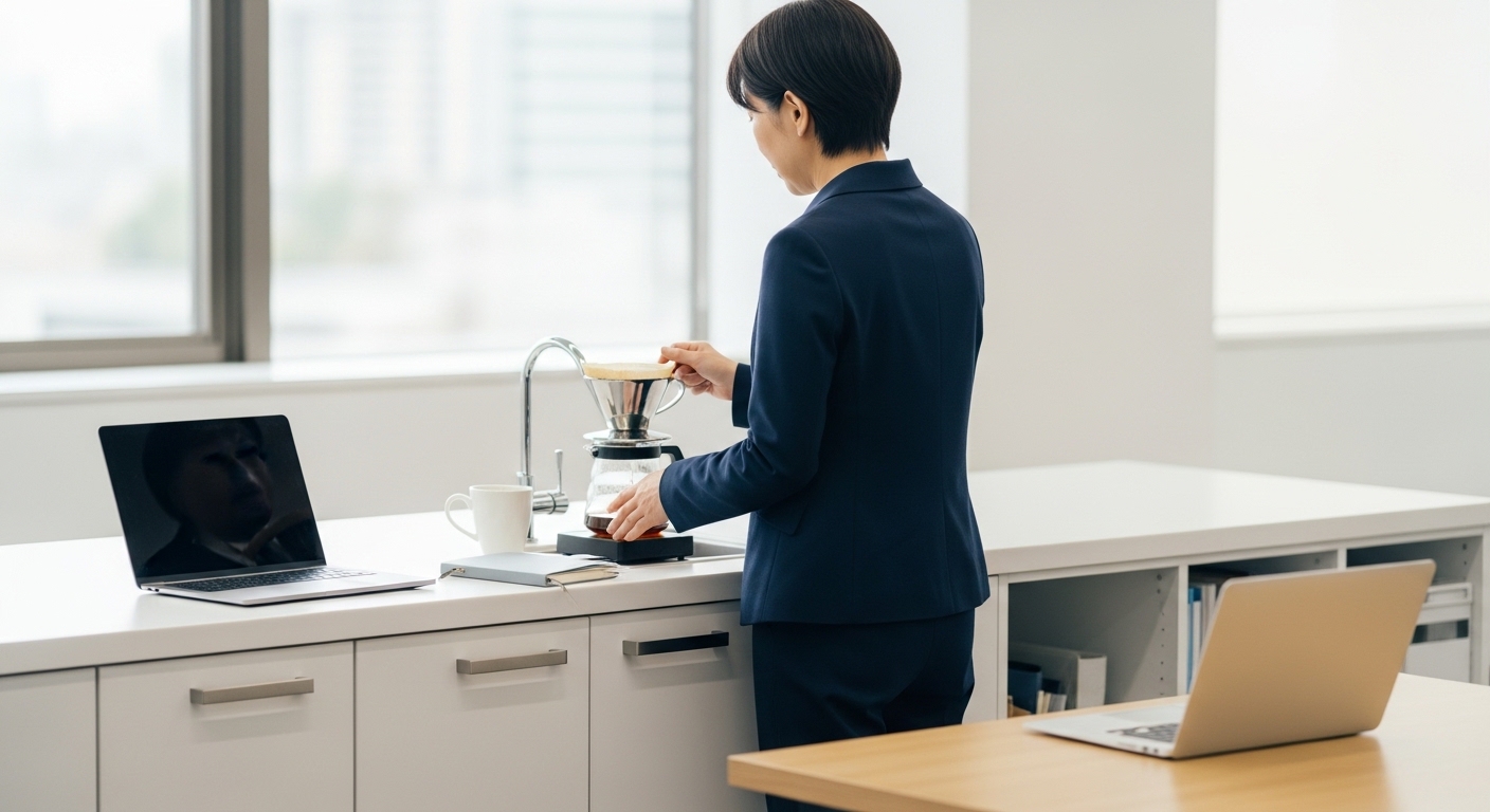 コーヒーDIYを楽しむ女性が、自作ドリッパーを使いながら自宅でゆったり過ごしている場面