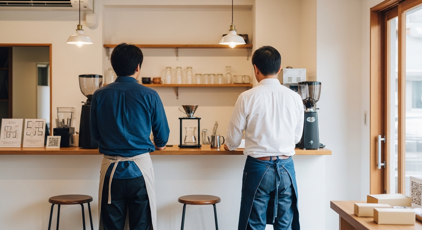 エペイオス電動コーヒーミル ESSENCEを使い、2WAY機能で豆を挽き分けながら自宅で本格コーヒーを楽しむ男性の朝時間