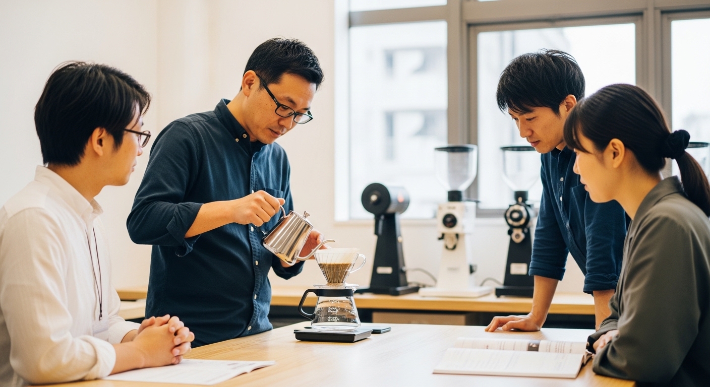 コーヒーソムリエのテキストを使い、独学で資格合格を目指してカフェ風デスクで勉強する男性の学習風景