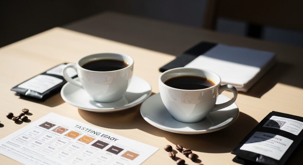 コーヒー飲み比べで抽出条件をそろえながら味や香りの違いを比較している様子