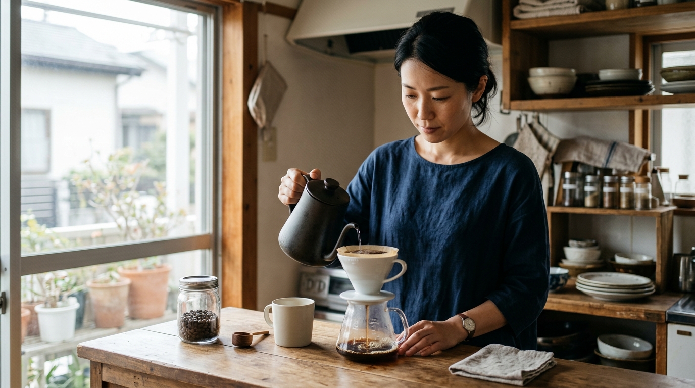 100均コーヒーサーバーの代替品を探す女性が、ナチュラルなキッチンでお気に入りのコーヒー器具を並べて検討する様子