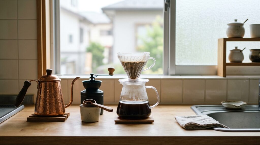 100均コーヒーサーバー セリアにある?代替品と器具の選び方 7 100均コーヒーサーバーを探す人向けに、セリア風のキッチンカウンターに置かれたコーヒー器具と代替アイテムのイメージ