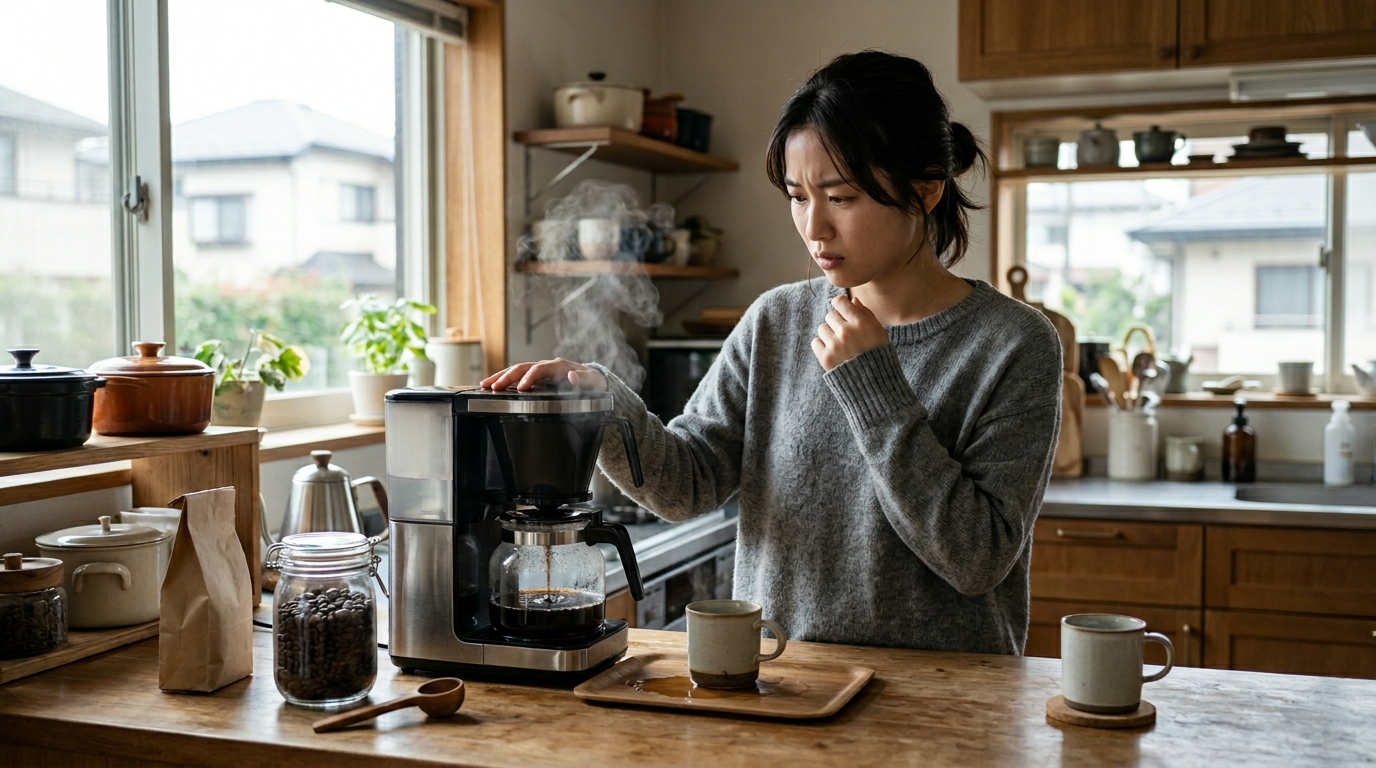 クイジナートコーヒーメーカーの口コミを参考にしながら、朝のコーヒー時間で操作性や手入れを試している女性の様子