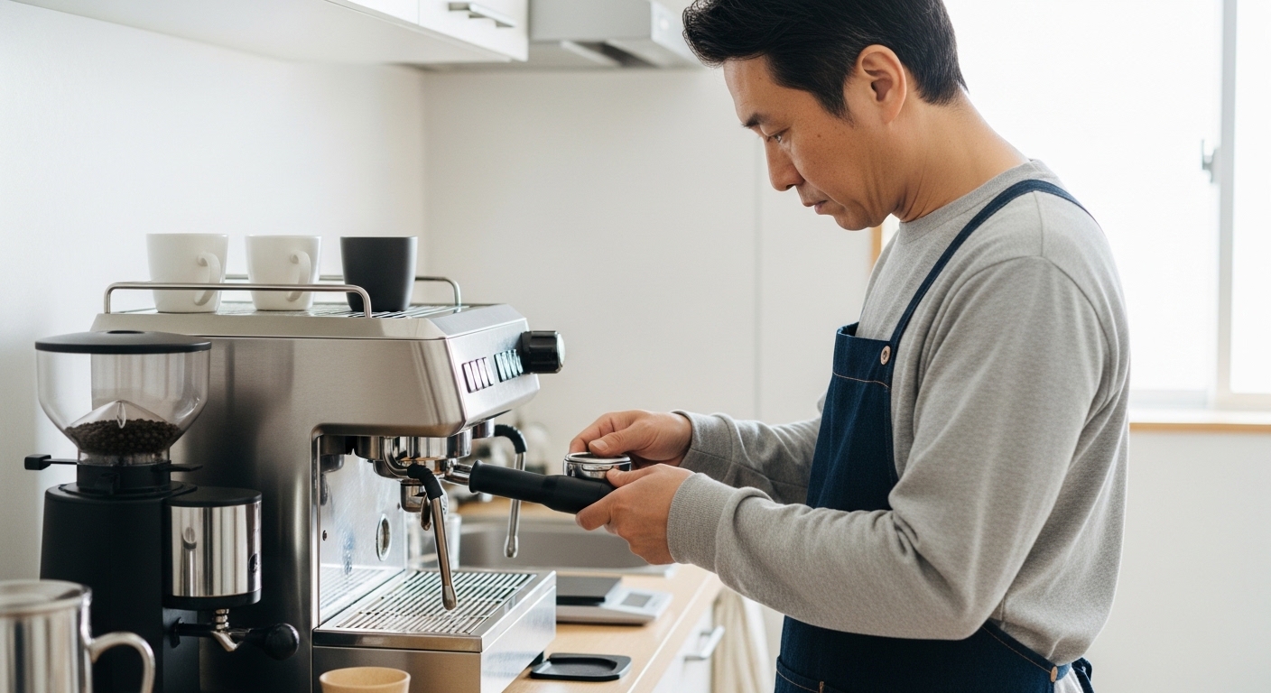 グラニュー糖の代用にコーヒーシュガーを試しながら、コーヒーの味わいの変化を確かめる男性をイメージした画像