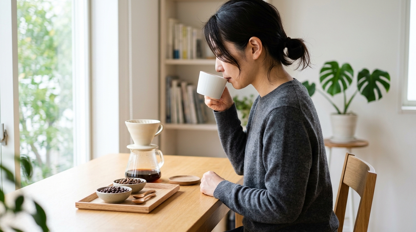 珈琲豆の仕入れ先と選び方を考える女性が、香りや品質を確認しながら豆を選定している様子を表すイメージ画像
