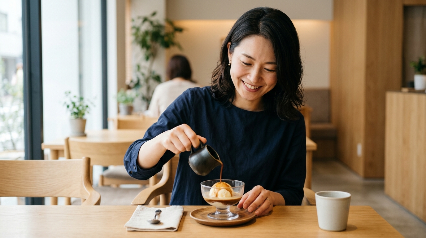 アフォガードの食べ方を楽しむ女性が、スプーンで少しずつ味わいながら最後の一口まで満喫する様子を表すイメージ画像