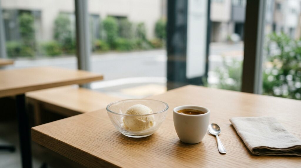 カフェのテーブルにアイスクリームとエスプレッソが並ぶ、アフォガードの食べ方を表すイメージ画像
