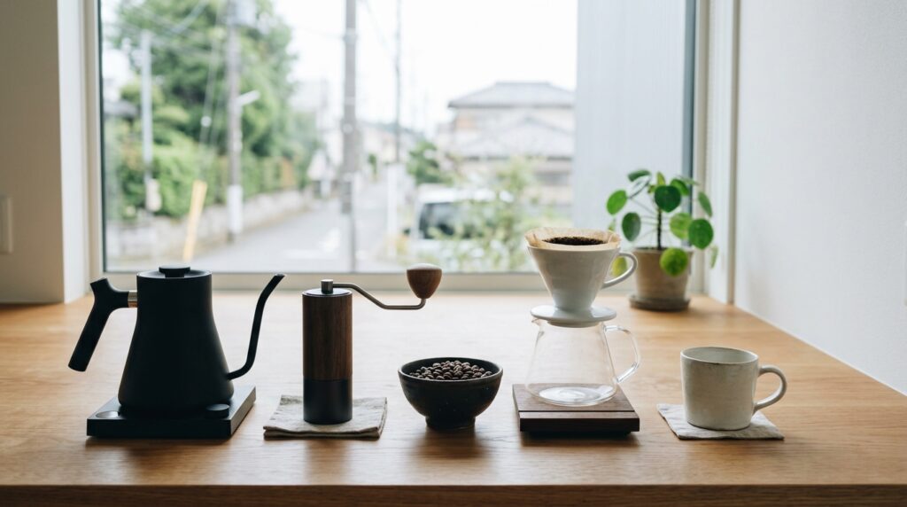 コーヒーとノートパソコンが置かれた作業スペースで、ブルックスコーヒーの利用を表すイメージ画像