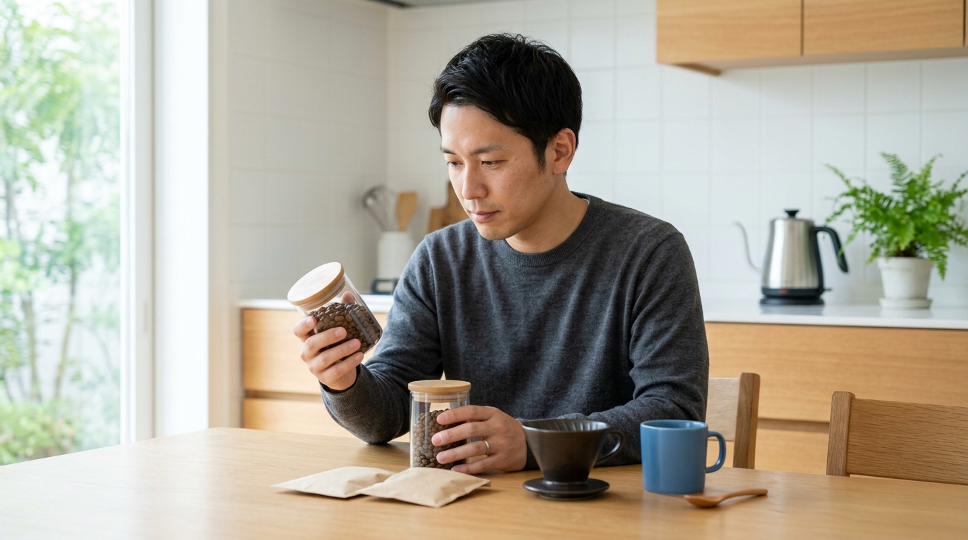 ブルックスコーヒーは怪しいと気になり、通販情報や価格を調べながらコーヒーを飲む男性を表すイメージ画像