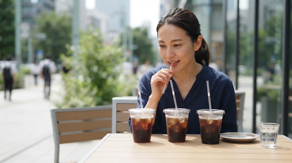 コンビニアイスコーヒーを比較しながら、女性がお気に入りの一杯を選ぶために違いを楽しんでいる様子を表すイメージ画像