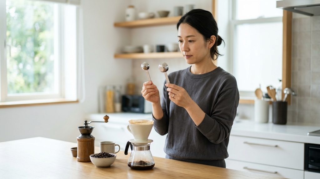ダイソーのコーヒースプーンが便利|クリップ付きが地味にうれしい 17 ダイソーのコーヒースプーンが便利をテーマに、コーヒースプーンを比較しながら使い勝手を確認している様子を表すイメージ画像