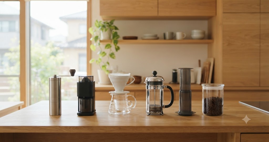 コーヒーミルブラシは100均で代用できる?素材や形状の選び方 17 エアロプレス準備風景を表すイメージ画像