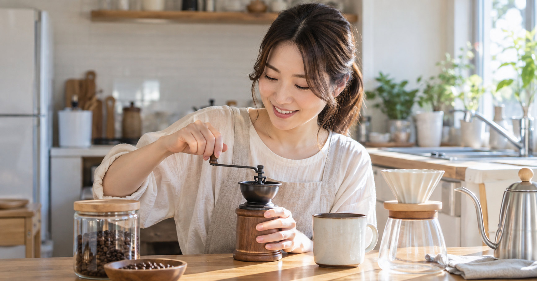 手軽なコーヒーミルの使用場面を表すイメージ画像