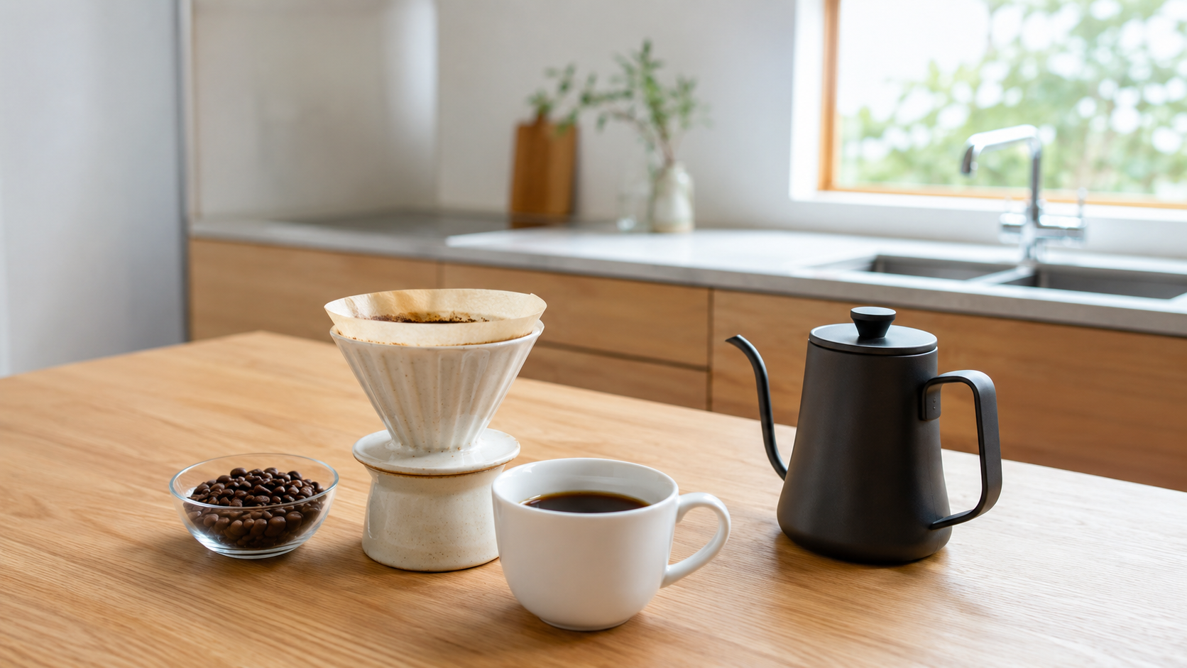 サンゴコーヒーを入れたカップとコーヒー豆が並び、味や香りの特徴をイメージできる様子を表すイメージ画像