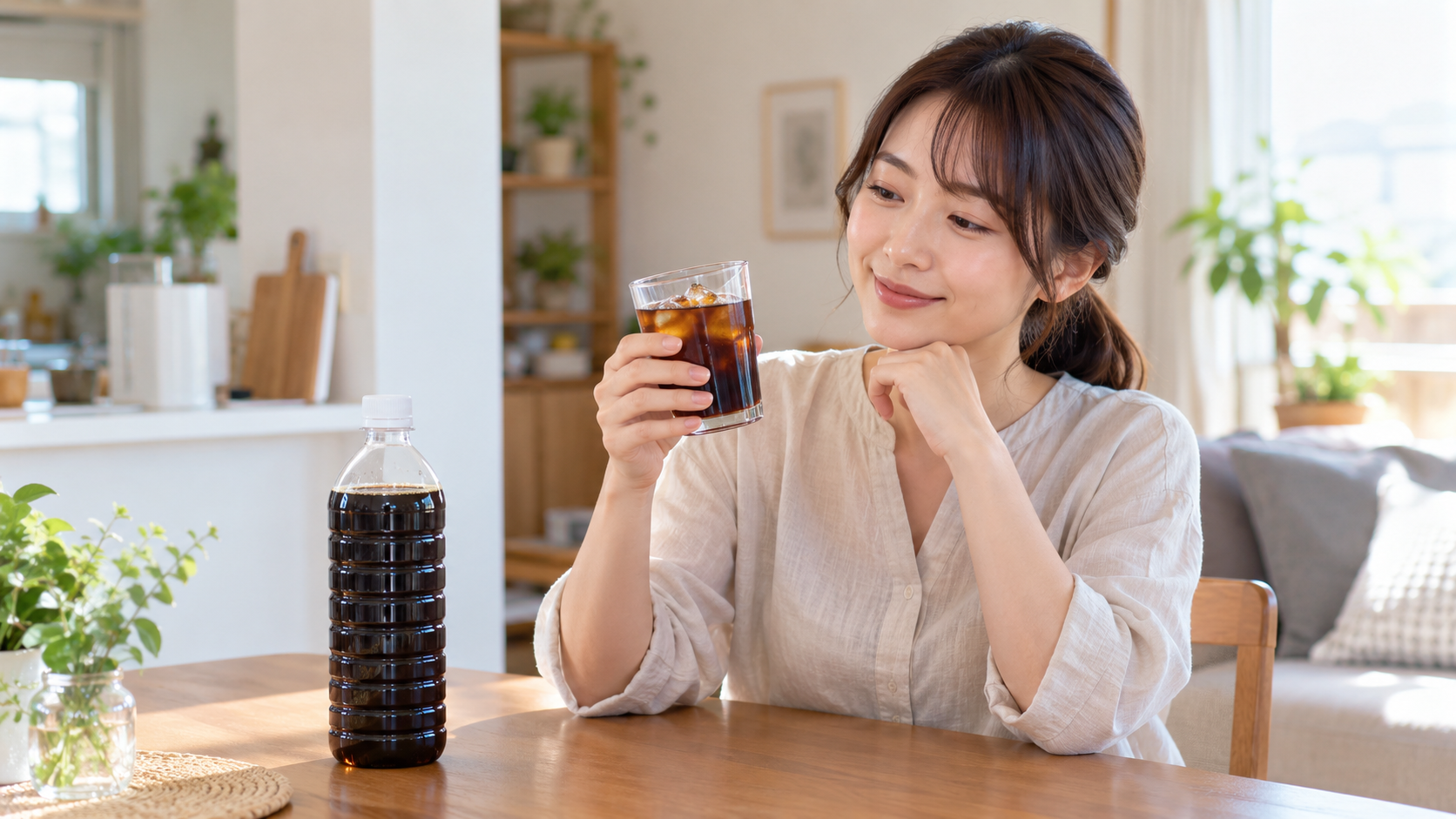 カフェインレスのボトルコーヒーを表すイメージ画像